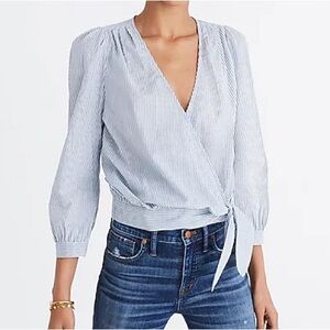 Madewell Linen Wrap Top 3/4 Sleeves - Sz XS, Blue/White Stripes